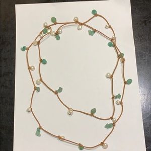 Jade & freshwater pearl on leather necklace